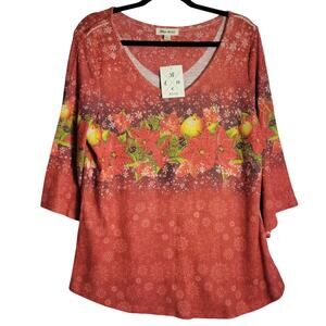 Blue Mood Christmas Shirt Poinsettias Womens L Stretchy Jewels 3/4 Bell Sleeves